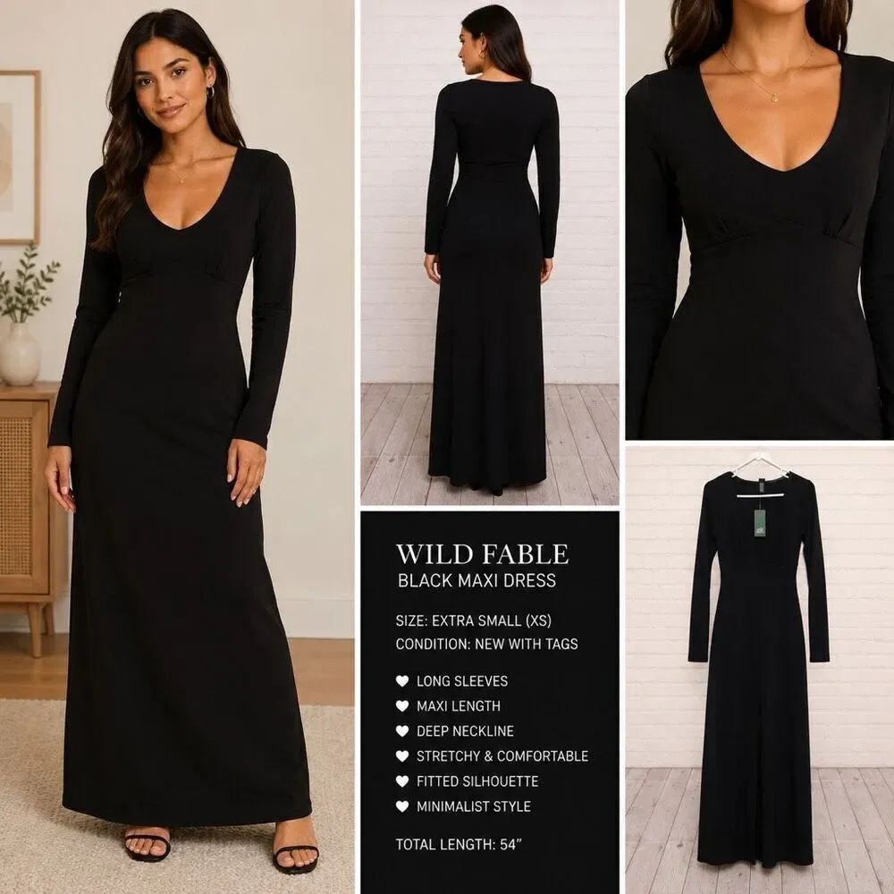 Wild Fable Black Maxi Dress XS NWT Long Sleeve Minimalist Dress